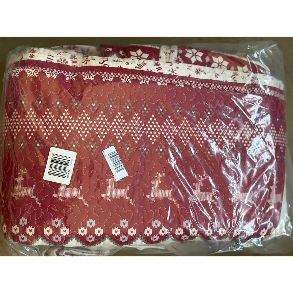 North Pole Trading Co. 3PC Cotton Holiday Novelty Stripe Quilt Set KING Red